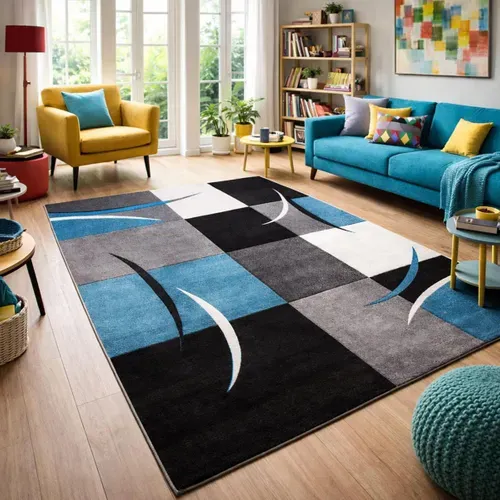 Tapis Entrée 60x110 Tissé Bleu Rectangle Motif Damier Lyn8 Comma