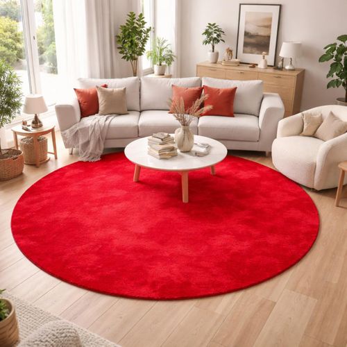 Tapis Rond Salon D.200cm Lyn10 Lavable Rouge Uni, Tapis Shaggy à Longs Poils