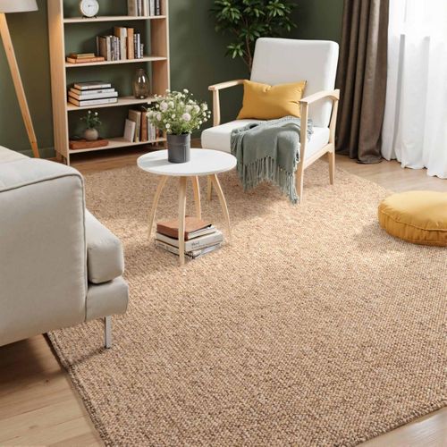 Tapis Chambre 120 X 170 Cm Faux Uni, Texture Poils Ras, Confortable Et Pliable, Beige Et écru Roccco