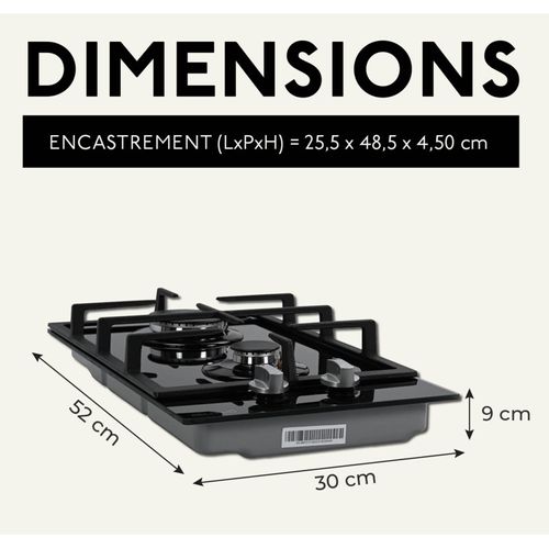 Btg2z-d01vno - Plaque De Cuisson Gaz Verre Noir 2 Feux