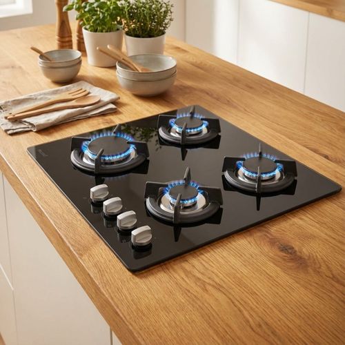 Btg4z-f01vno - Plaque De Cuisson Gaz 4 Feux Verre Noir - Grille Fonte