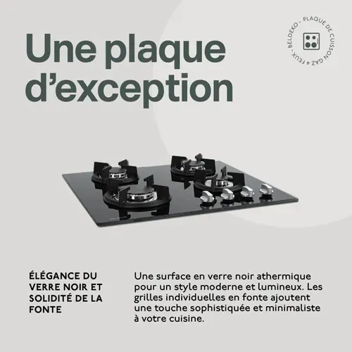 Btg4z-f01vno - Plaque De Cuisson Gaz 4 Feux Verre Noir - Grille Fonte