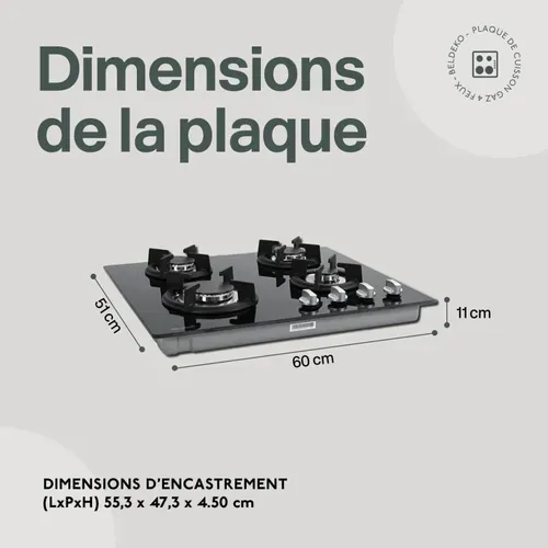 Btg4z-f01vno - Plaque De Cuisson Gaz 4 Feux Verre Noir - Grille Fonte