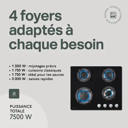 Btg4z-f01vno - Plaque De Cuisson Gaz 4 Feux Verre Noir - Grille Fonte