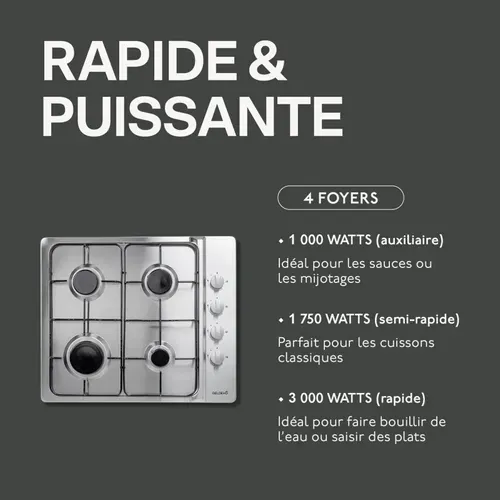 Plaque De Cuisson Gaz 4 Feux Inox - 7500w - Gaz De Ville Et Bouteille - Encastrable