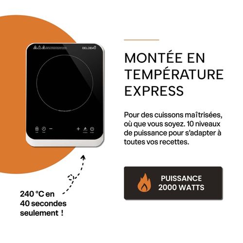 Beldeko - Plaque Induction Portable De 2000w Sensitive, 10 Niveaux De Puissance, Minuterie, Posable