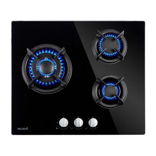 Tg3v-115 - Plaque De Cuisson Gaz Verre Noir 3 Foyers - Grilles En Fonte