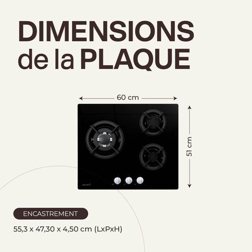 Tg3v-115 - Plaque De Cuisson Gaz Verre Noir 3 Foyers - Grilles En Fonte