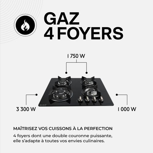 Table De Cuisson Encastrable Gaz - 4 Foyers - Double Couronne - 7800w - Verre Noir - Tg4v-125