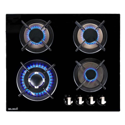 Table De Cuisson Encastrable Gaz - 4 Foyers - Double Couronne - 7800w - Verre Noir - Tg4v-125