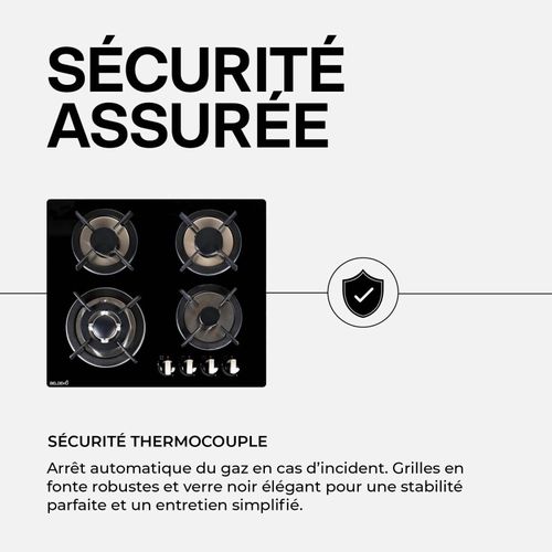 Table De Cuisson Encastrable Gaz - 4 Foyers - Double Couronne - 7800w - Verre Noir - Tg4v-125