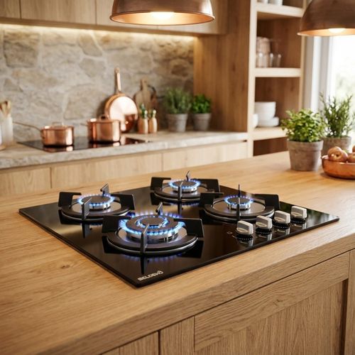 Table De Cuisson Encastrable Gaz - 4 Foyers - Double Couronne - 7800w - Verre Noir - Tg4v-125