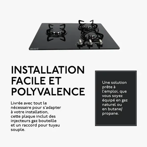 Tg3v-149 - Plaque De Cuisson Gaz Verre Noir 3 Foyers -  Gaz Ville Et Bouteille