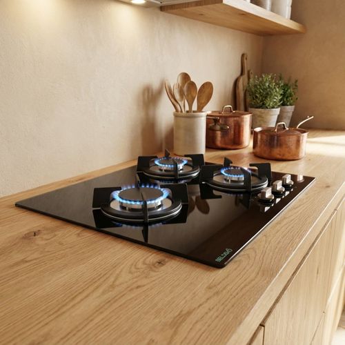 Tg3v-148 - Plaque De Cuisson Gaz Verre Noir 3 Foyers - Gaz Ville Et Bouteille - Grilles En Fonte