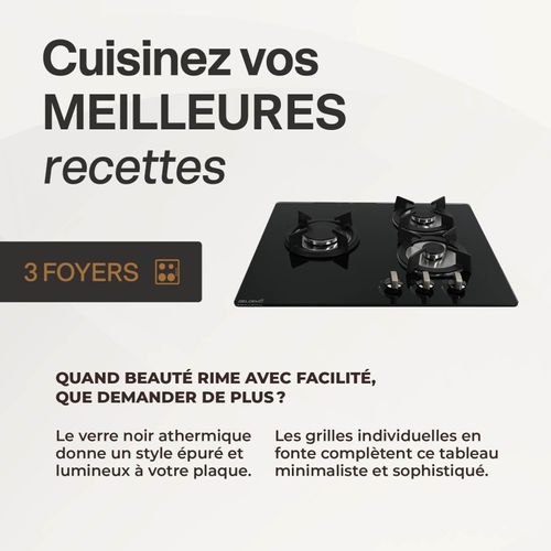 Tg3v-148 - Plaque De Cuisson Gaz Verre Noir 3 Foyers - Gaz Ville Et Bouteille - Grilles En Fonte