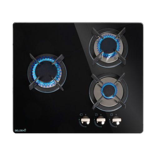 Tg3v-148 - Plaque De Cuisson Gaz Verre Noir 3 Foyers - Gaz Ville Et Bouteille - Grilles En Fonte