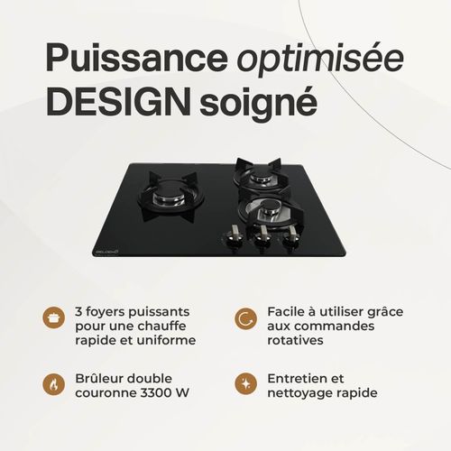 Tg3v-148 - Plaque De Cuisson Gaz Verre Noir 3 Foyers - Gaz Ville Et Bouteille - Grilles En Fonte