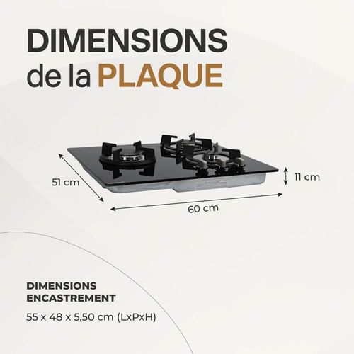 Tg3v-148 - Plaque De Cuisson Gaz Verre Noir 3 Foyers - Gaz Ville Et Bouteille - Grilles En Fonte