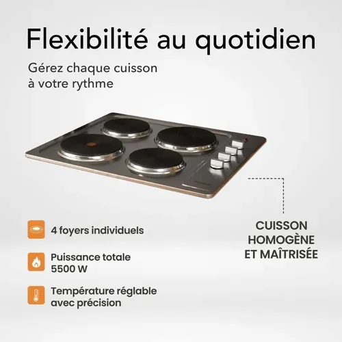 Plaque De Cuisson Électrique Fonte 4 Feux Encastrable, 4 Foyers, 5500 W, Boutons Rotatifs,