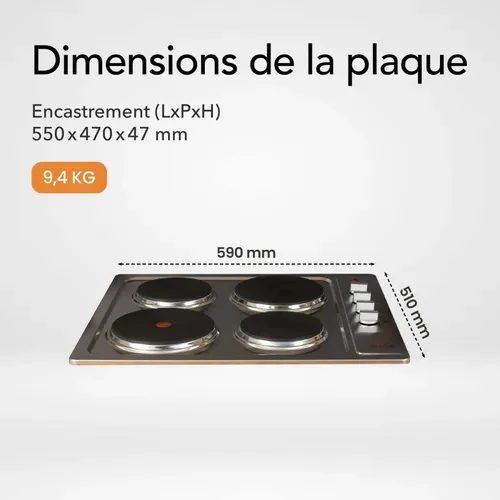 Plaque De Cuisson Électrique Fonte 4 Feux Encastrable, 4 Foyers, 5500 W, Boutons Rotatifs,