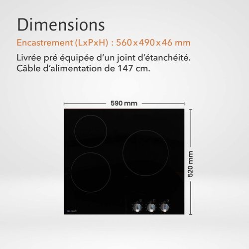Plaque De Cuisson Vitrocéramique 3 Foyers - 5200w - Commandes Par Manettes - Boutons Encastrable Con