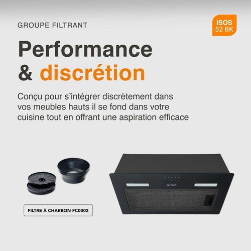 Hotte Encastrable - Groupe Filtrant Noir 52 Cm - 335 M3/h - Evacuation Ou Recyclage - Filtres à Char