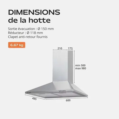 Hotte De Cuisine Décorative Inox 60cm - Pyramide 338 M3/h - Evacuation Ou Recyclage