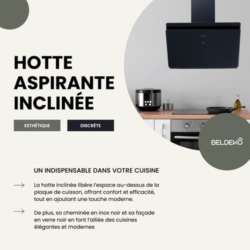 Beldeko Hotte Inclinée Noir 60 Cm 455 M3/h - Hotte Silencieuse - Recyclage Ou Evacuation
