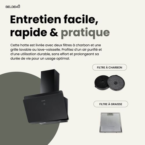 Beldeko Hotte Inclinée Noir 60 Cm 455 M3/h - Hotte Silencieuse - Recyclage Ou Evacuation