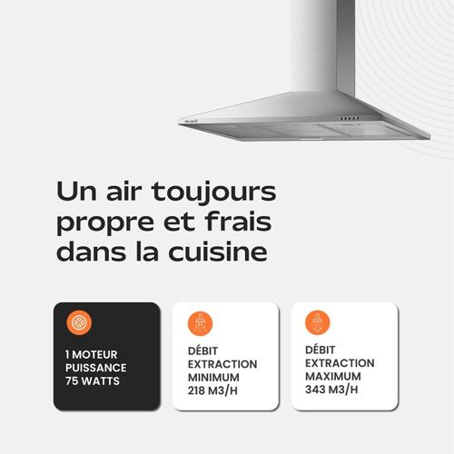 Beldeko Hotte Murale 90 Cm Inox 338 M3/h évac/recyclage - Marque Française