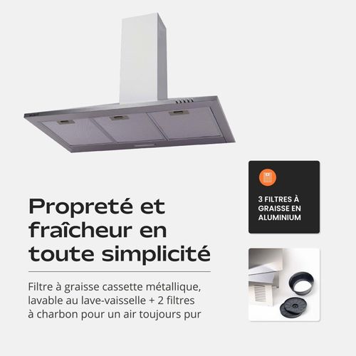 Beldeko Hotte Murale 90 Cm Inox 338 M3/h évac/recyclage - Marque Française
