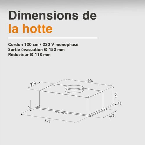 Hotte Encastrable - Groupe Filtrant Inox 52 Cm - 335 M3/h - Evacuation Ou Recyclage - Filtres à Char