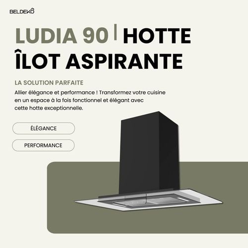 Beldeko - Hotte Îlot Aspirante 90 Cm Noir - Minuteur - Débit 556 M3/h - 3 Vitesses - Ludia 90 Bk