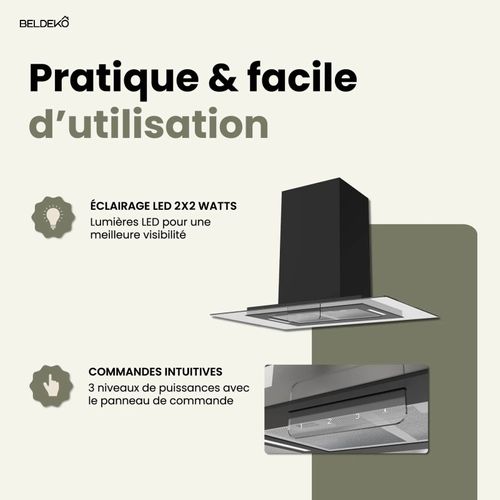 Beldeko - Hotte Îlot Aspirante 90 Cm Noir - Minuteur - Débit 556 M3/h - 3 Vitesses - Ludia 90 Bk