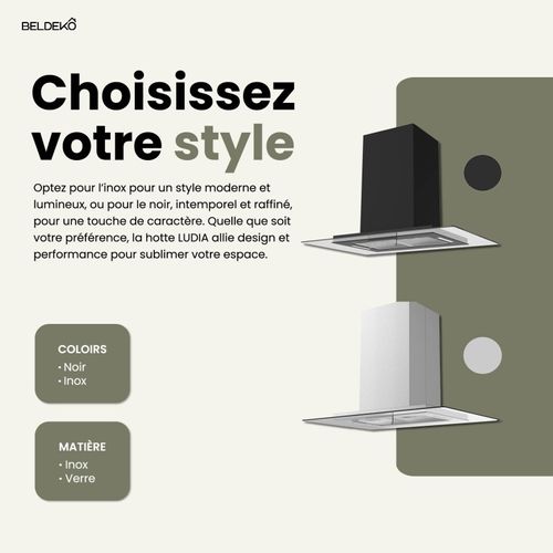 Beldeko - Hotte Îlot Aspirante 90 Cm Noir - Minuteur - Débit 556 M3/h - 3 Vitesses - Ludia 90 Bk