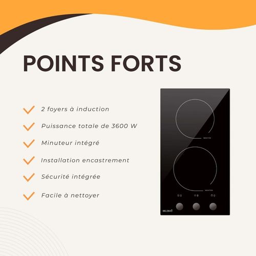 Beldeko Plaque Induction 2 Feux Encastrable - 3600w - Commandes Manettes - Minuteur Sécurité Enfant