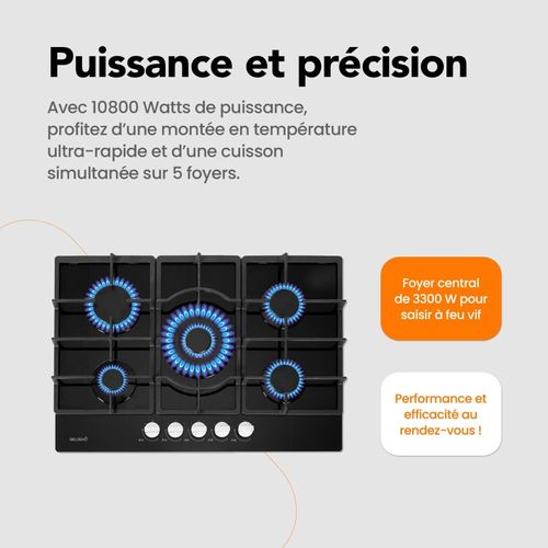 Plaque Gaz 5 Feux En Verre Noir - Brûleurs Et Grilles En Fonte - 10 800 Watts Encastrement 56x49 Cm