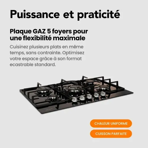 Plaque Gaz 5 Feux En Verre Noir - Brûleurs Et Grilles En Fonte - 10 800 Watts Encastrement 56x49 Cm