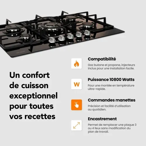 Plaque Gaz 5 Feux En Verre Noir - Brûleurs Et Grilles En Fonte - 10 800 Watts Encastrement 56x49 Cm