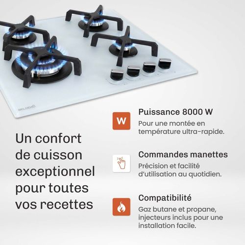 Plaque De Cuisson Gaz 4 Foyers - Verre Blanc Dépoli - Double Couronne 8000 W - 56x48 Cm