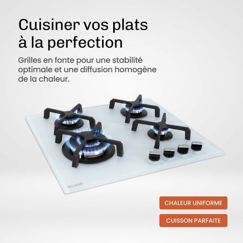 Plaque De Cuisson Gaz 4 Foyers - Verre Blanc Dépoli - Double Couronne 8000 W - 56x48 Cm
