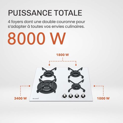 Plaque De Cuisson Gaz 4 Foyers - Verre Blanc Dépoli - Double Couronne 8000 W - 56x48 Cm