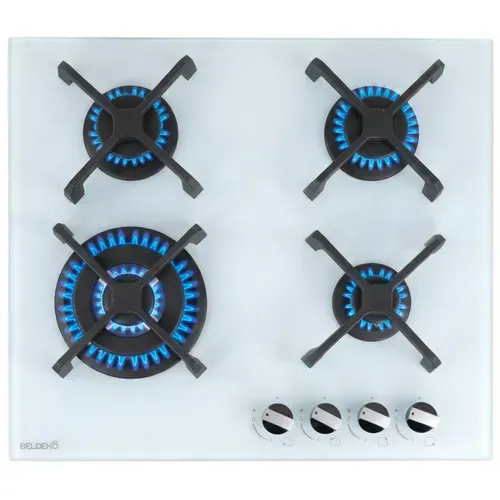 Plaque De Cuisson Gaz 4 Foyers - Verre Blanc Dépoli - Double Couronne 8000 W - 56x48 Cm