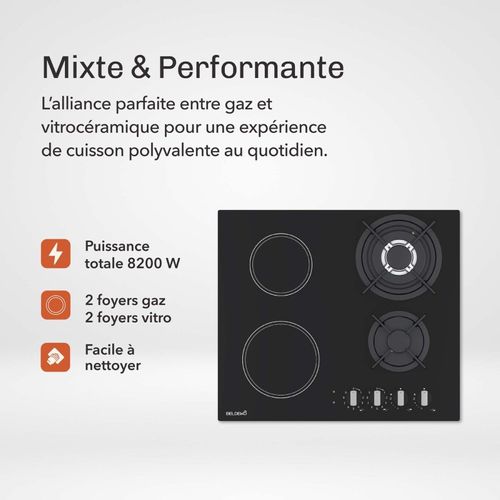 Plaque De Cuisson Mixte Gaz Et Vitrocéramique 4 Foyers - Double Couronne - 8200 W - Manettes