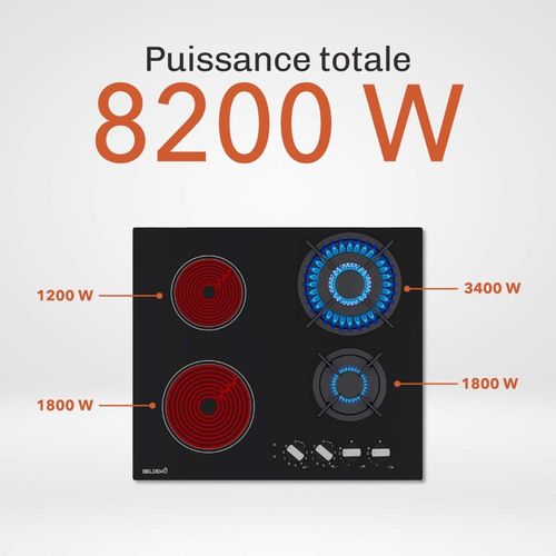 Plaque De Cuisson Mixte Gaz Et Vitrocéramique 4 Foyers - Double Couronne - 8200 W - Manettes