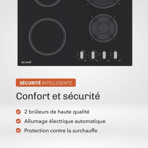 Plaque De Cuisson Mixte Gaz Et Vitrocéramique 4 Foyers - Double Couronne - 8200 W - Manettes