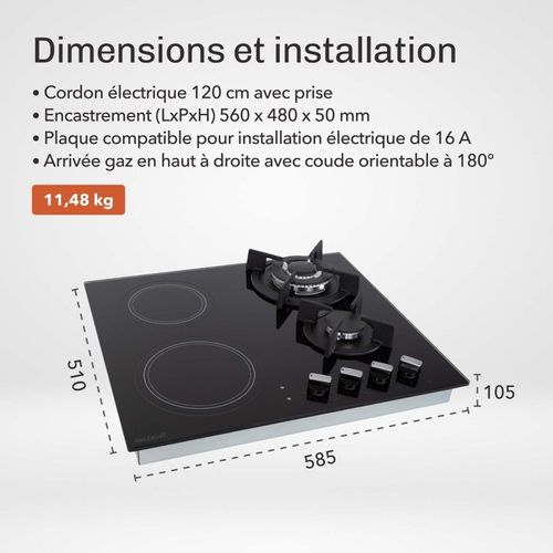 Plaque De Cuisson Mixte Gaz Et Vitrocéramique 4 Foyers - Double Couronne - 8200 W - Manettes