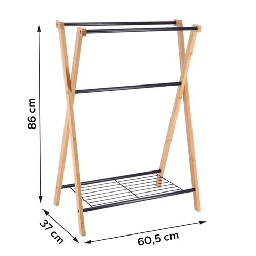 Porte-serviettes 3 Barres Et 1 Tablette En Bambou Et Métal Noir H 86 Cm