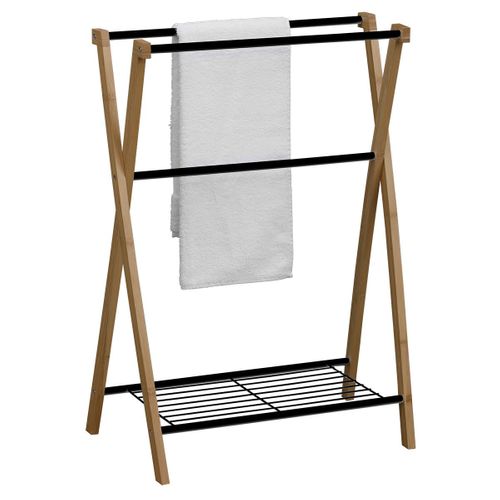 Porte-serviettes 3 Barres Et 1 Tablette En Bambou Et Métal Noir H 86 Cm