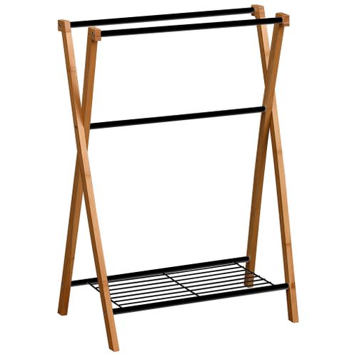 Porte-serviettes 3 Barres Et 1 Tablette En Bambou Et Métal Noir H 86 Cm